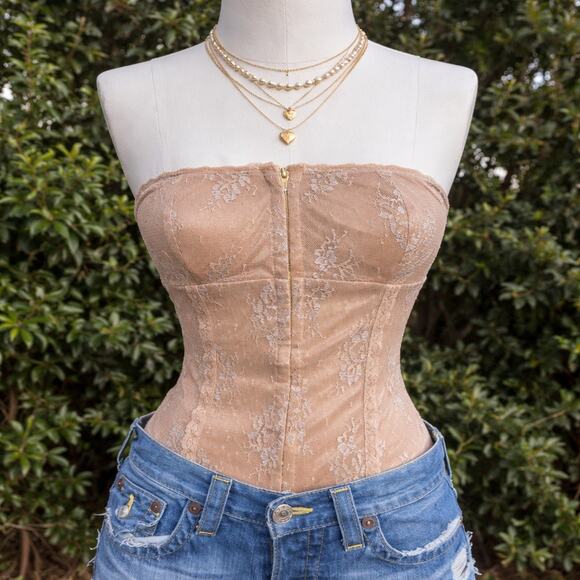 Hourglass Tops - Y2K Hourglass Nude Brown Gold Lace Strapless Corset Small